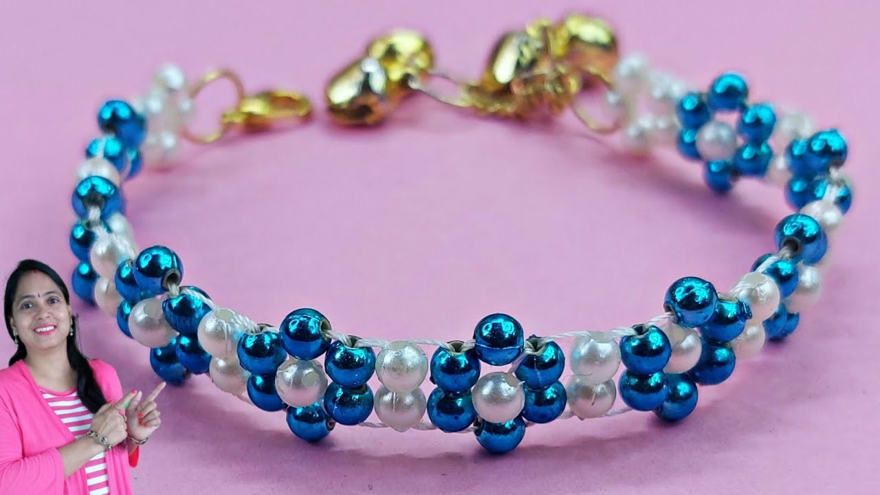 PEARL BRACELET SIMPLE AND EASY DESIGN IDEA  BLUE AND WHITE | Heart Shaped Handmade Jewellery Making