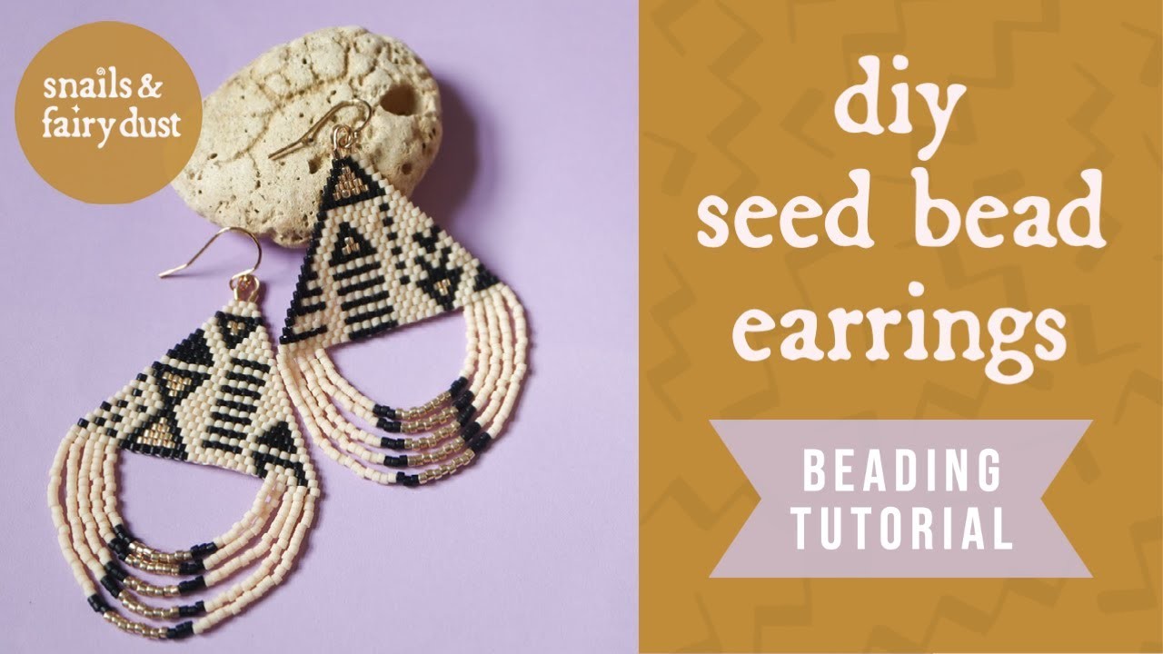 Seed bead woven earrings tutorial with looped fringe. Beginner friendly.
