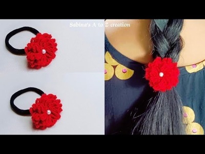 How to make Easy Crochet Flower hair tie | #crochet flower | Woolen hair tie making idea |
