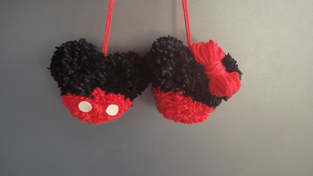 DIY mickey and minnie yarn crafts, pom pom mickey mouse