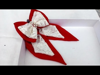 DIY net and silk fabric bow with long tails for hair clip | How to make hair bow