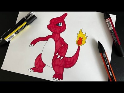 Drawing Pokemon Charmeleon on Paper safe tutorial for kids. Traditional Art on Paper