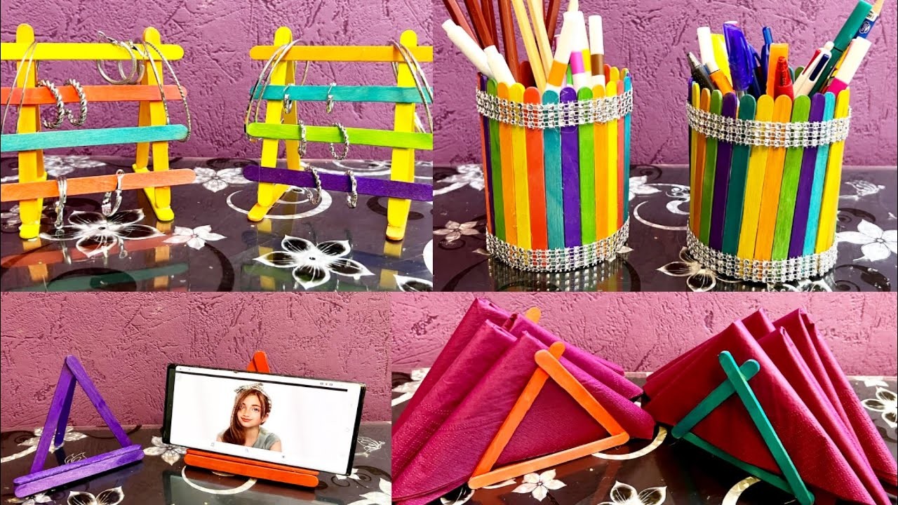 4 Diy Popsicle Sticks Craft.Craft Ideas.Home Decor.Ice Cream Stick