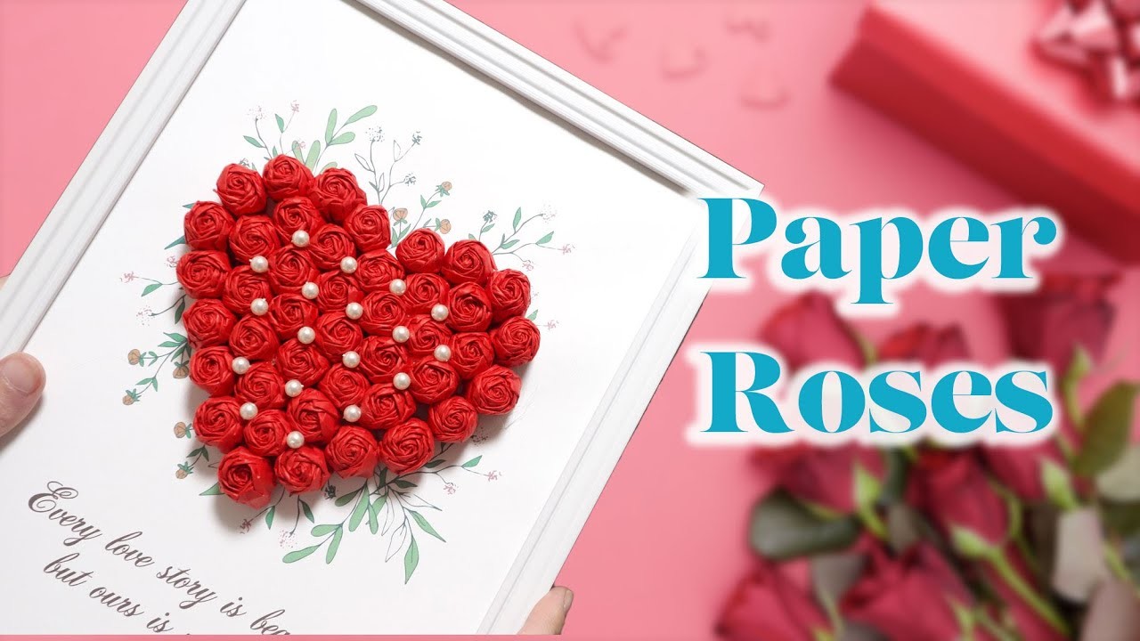 紙のバラで作るハートの壁飾りの作り方／バレンタインの紙工作 - How to Make Heart Wall Decoration With Paper Roses. Valentine's Day