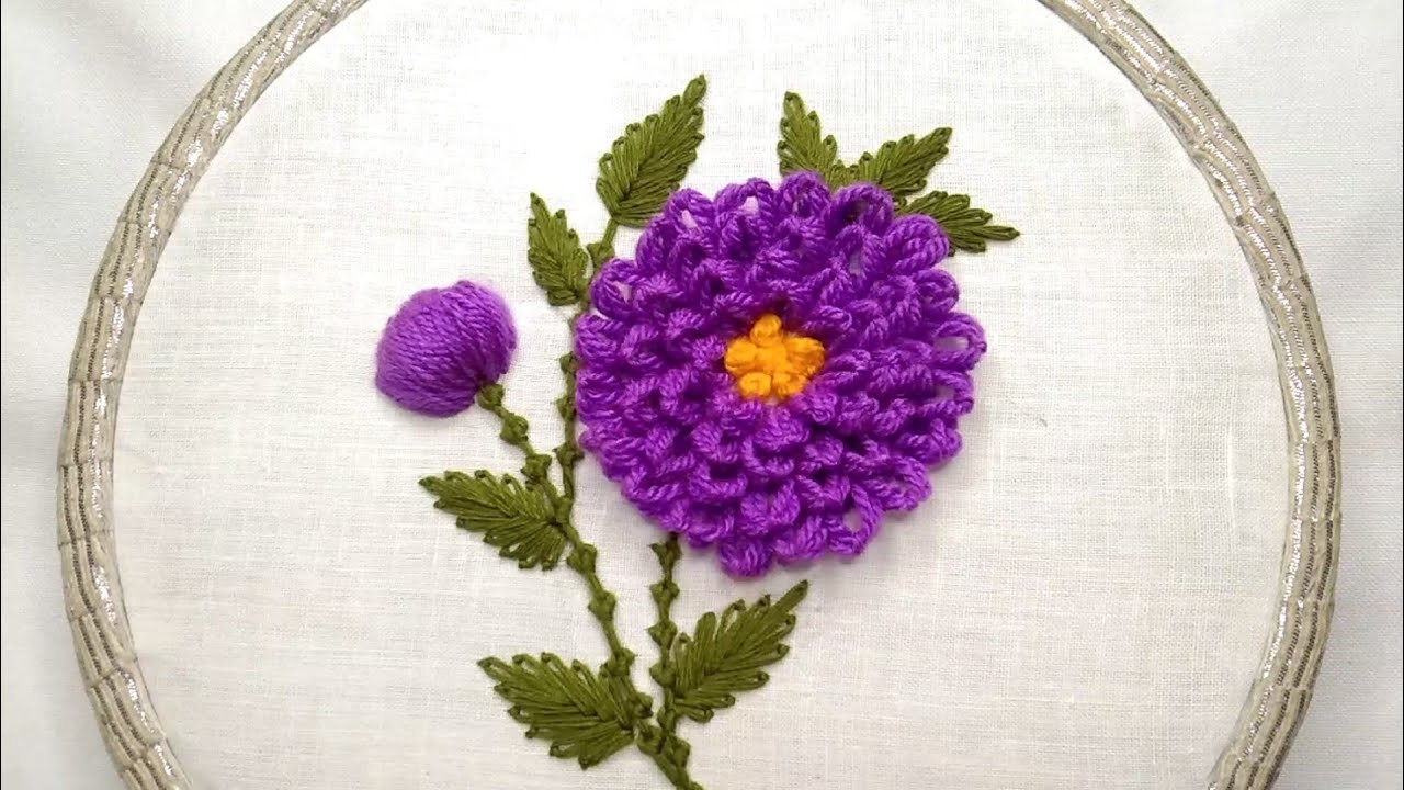 Burgundy Chrysanthemums Flower Embroidery | 3D bud Design | Hand Embroidery for Beginners