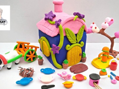 DIY How to make polymer clay miniature house, kitchen set, Bullock cart,tree, hand pump| Mk clay