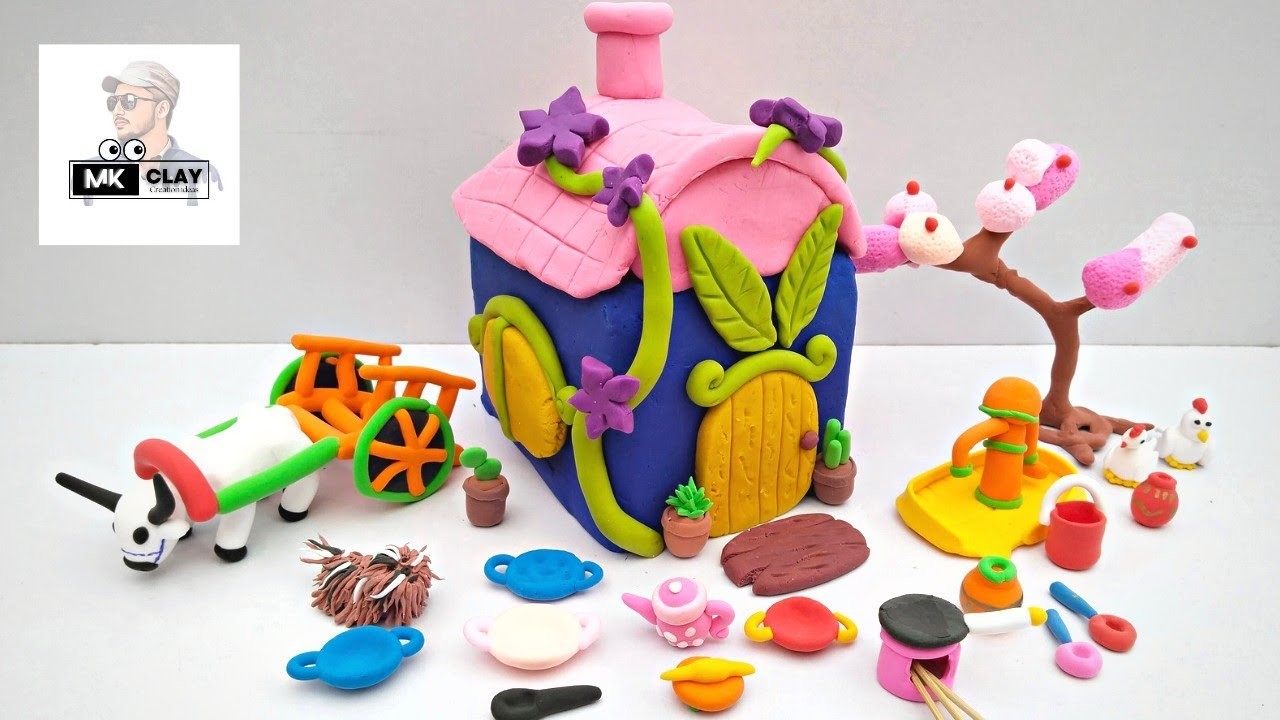 DIY How to make polymer clay miniature house, kitchen set, Bullock cart,tree, hand pump| Mk clay