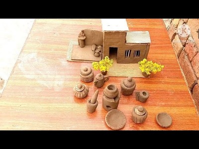 DIY How to make polymer clay Miniature house | Kitchen set Hand pump |Tree|| Village
