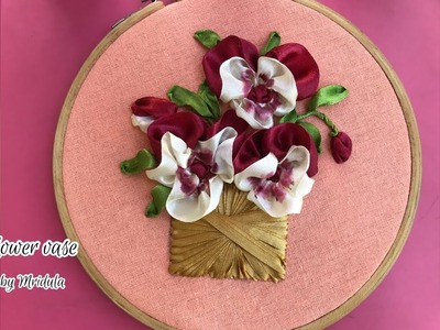 How to embroider pansy flower vase - ribbon  embroidery design and tutorial