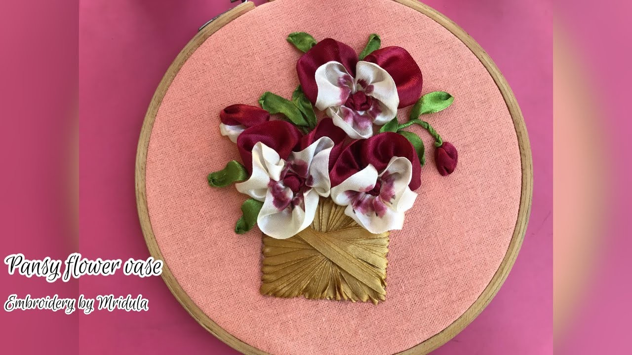 How to embroider pansy flower vase - ribbon  embroidery design and tutorial