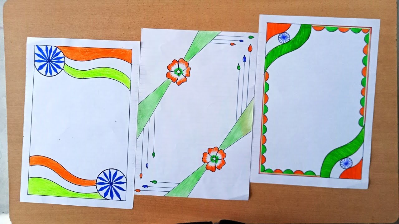 Republic Day Card Drawing. Tricolour Border Designs for Project.border designs for Assignments Easy