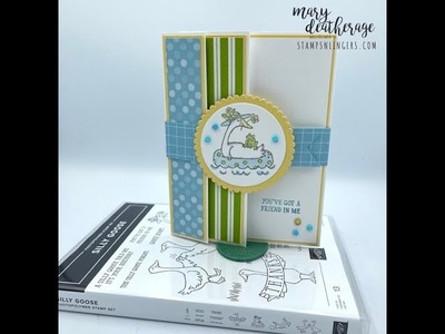 Stampin Up.Silly Goose.Dandy Designs DSP.Two-Panel Fun Fold Card.Jan-Feb 2023 Sale-A-Bration