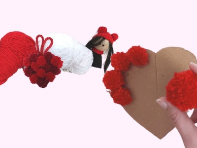 Amazing Valentine's Day Craft.pom pom heart with yarn.Diy red Heart yarn.handmade gift idea for girl