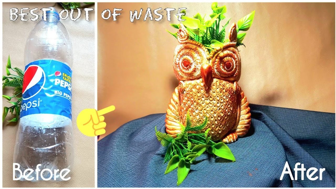 BEST OUT Of WASTE || Metallic Owl PenHolder.Vase from waste plastic battle #diy #handmade #youtube