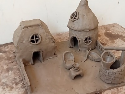 Handmade clay art miniature diy village form house with clay boat