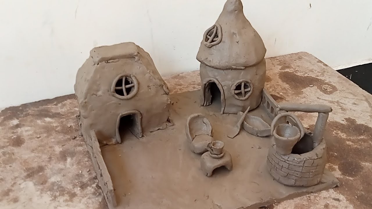 Handmade clay art miniature diy village form house with clay boat