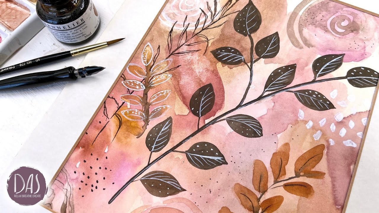 How to Create Abstract Watercolor Art | Easy Abstract Background + Leaf Doodles in Watercolor & Ink