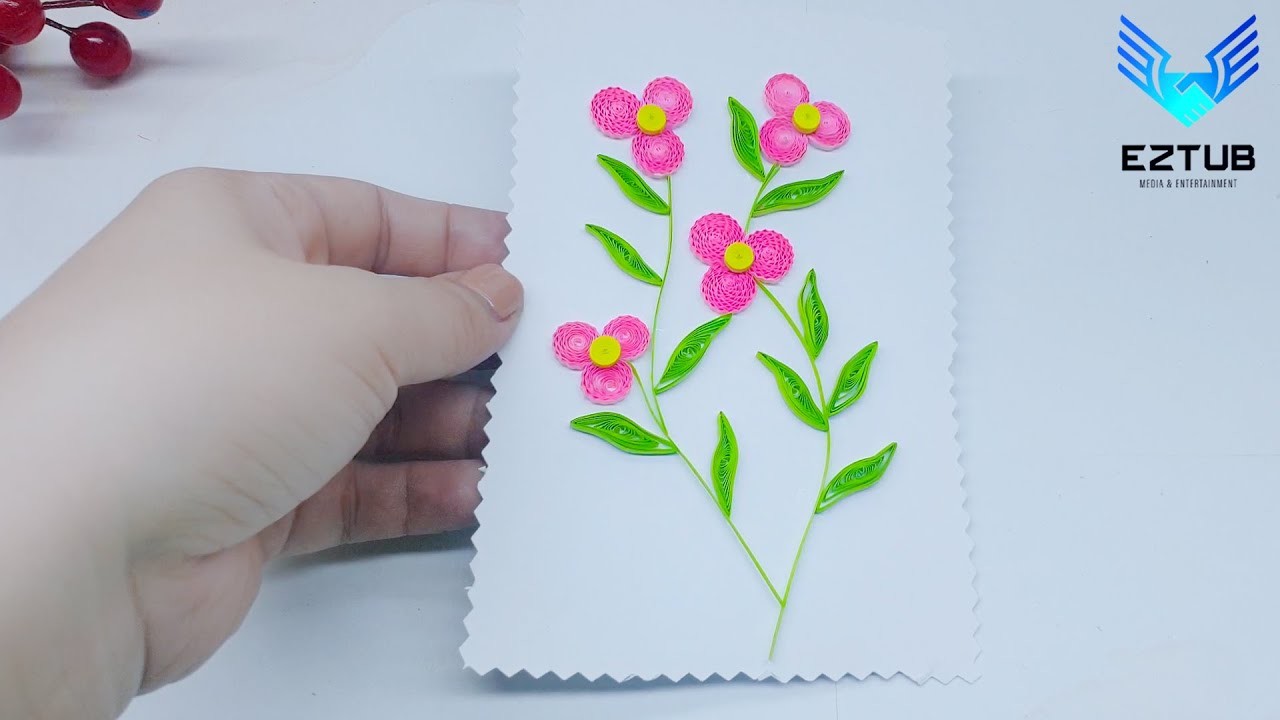 How to make a 3-petal pink flower card with quilling | Quilling paper art