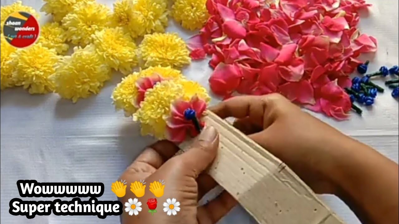 3 Yellow samanthi and Red rose flowers WEDDING POOLA JADA making at home.pelli jada.pelli poola jada