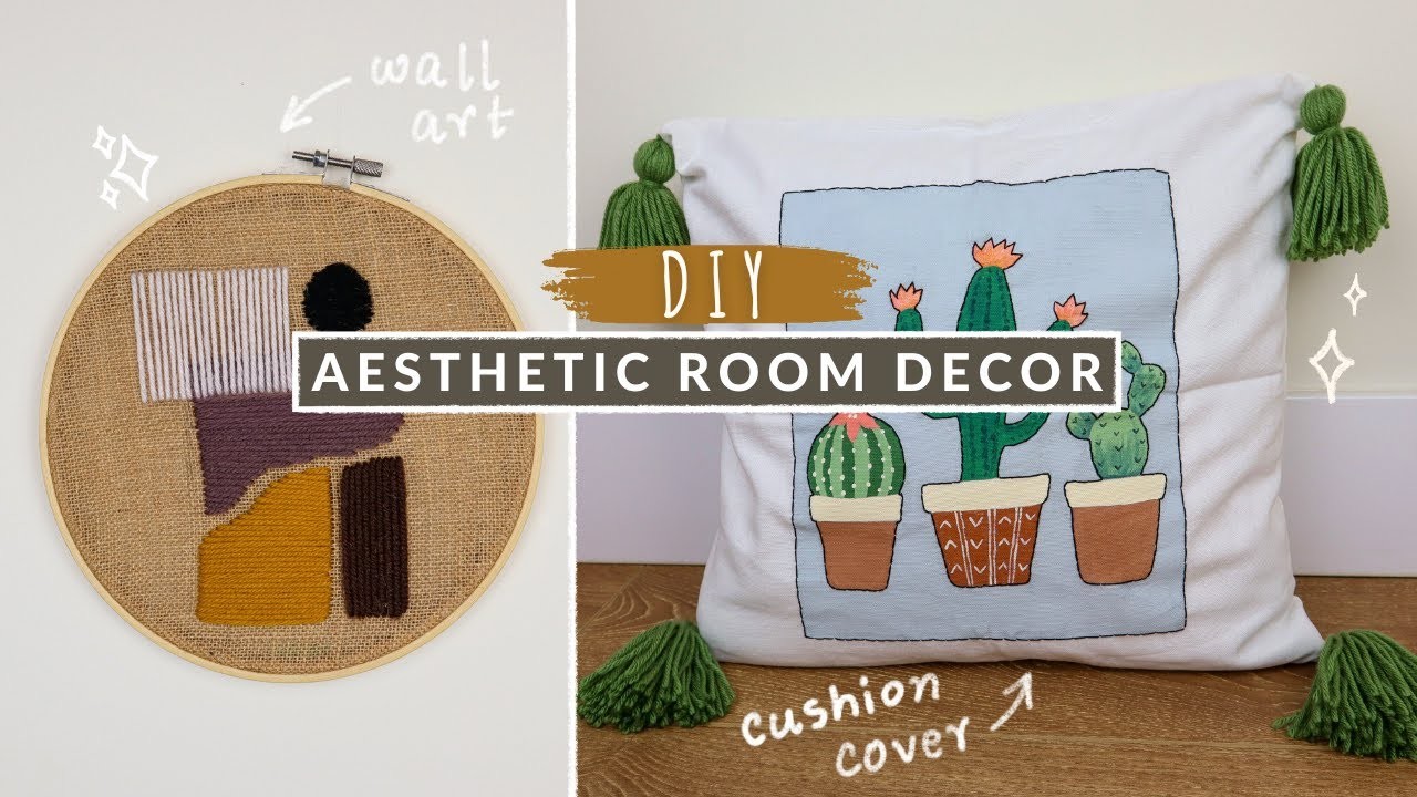 Diy Aesthetic Decor - Hand painted Throw Pillow Cover & Embroidery Hoop Yarn Abstract Wall Art