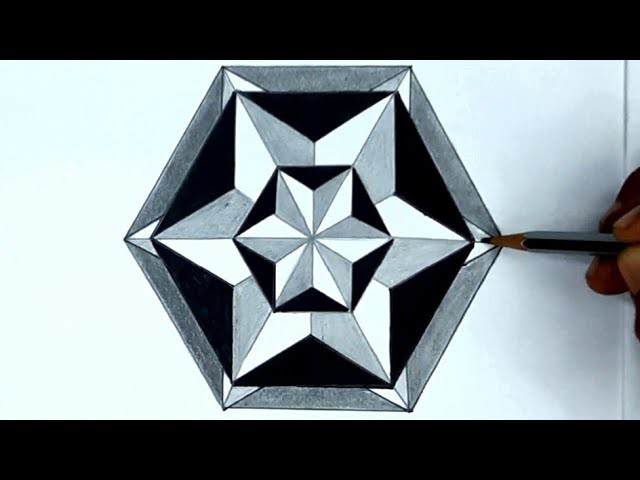 How To Draw 3D Hexagon Geometric Design. Simple Easy Trick.