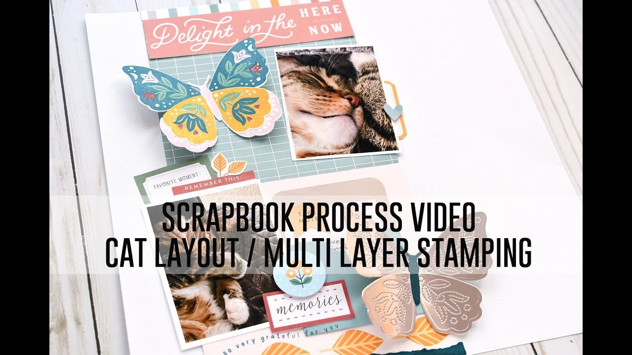 Scrapbook Process Video - Cat Layout. Multi Layer Stamping. Concord & 9th. PinkFresh. ACOT