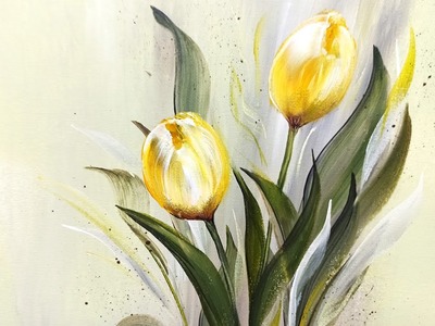 Yellow Tulips, Acrylic Painting, Flowers, Acrylic Spray, Oblique Brush. Gelbe Tulpen malen, V435