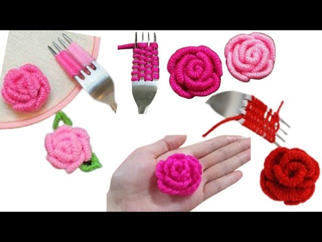 Amazing Woolen Rose Making Idea with Cotton buds - Hand Embroidery Easy Trick - DIY Woolen Flowers