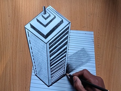 Drawing 3D Skyscraper on Line Paper _ how to draw a big building illusion