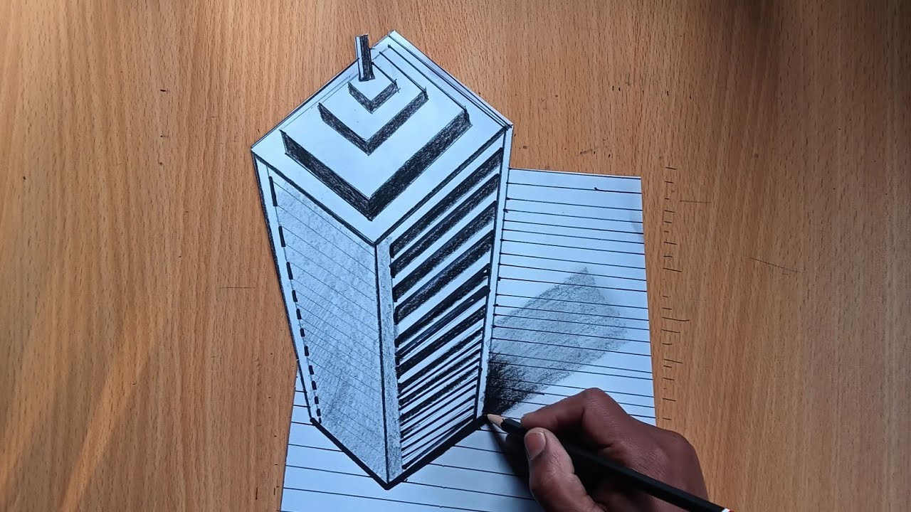 Drawing 3D Skyscraper on Line Paper _ how to draw a big building illusion