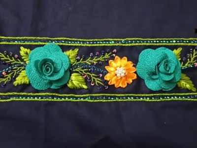 Hand embroidery-border style designing with ribbon embroidery & 3d flowers arrangement.