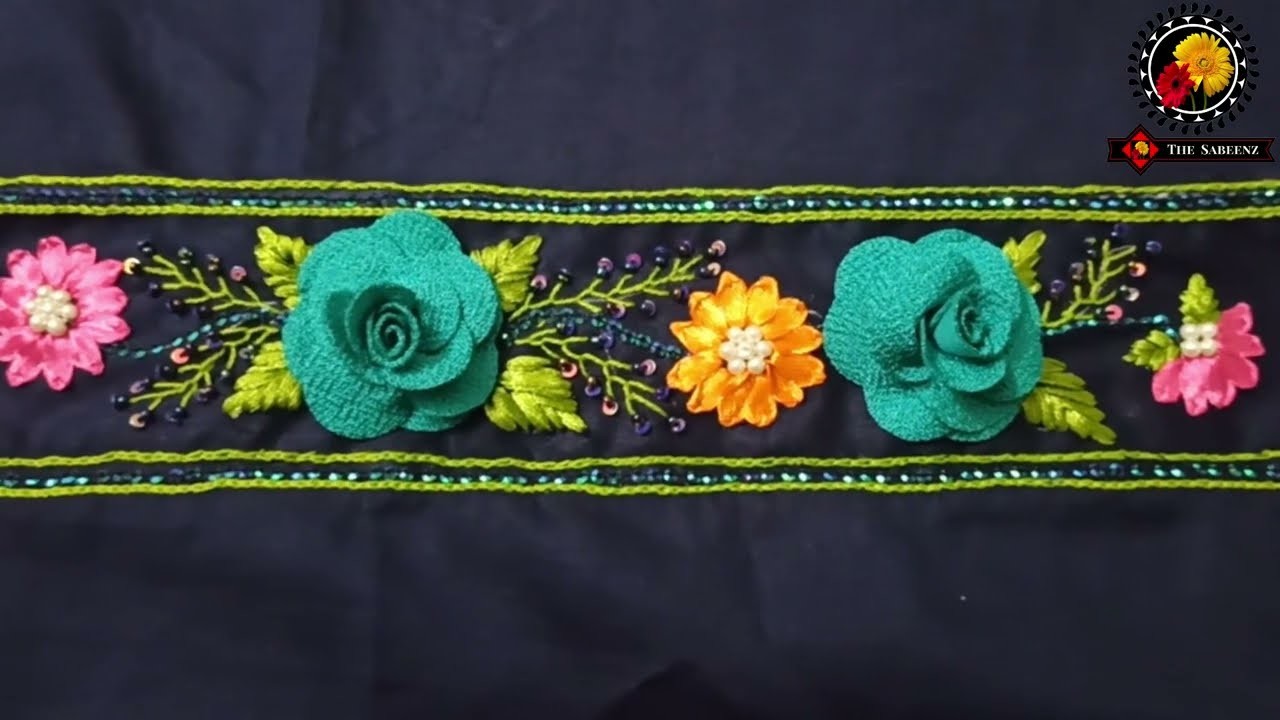 Hand embroidery-border style designing with ribbon embroidery & 3d flowers arrangement.