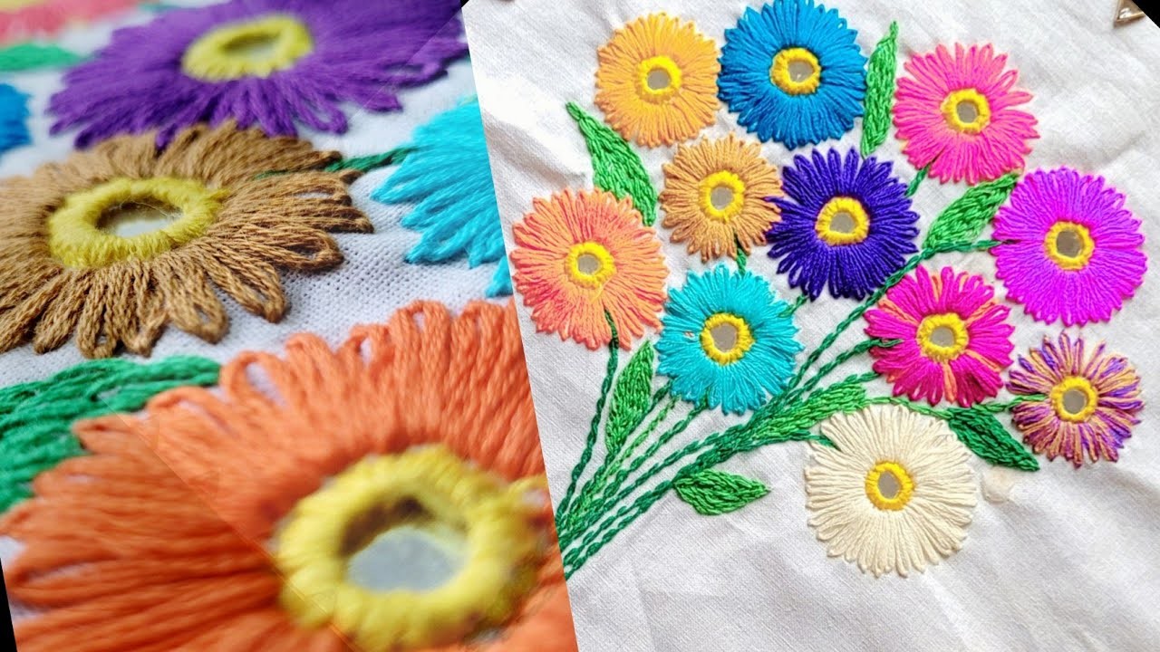 Hand Embroidery. Lazy Daisy Stich.Chain Stich.Mirror Work.Beautiful Flower Hand Embroidery