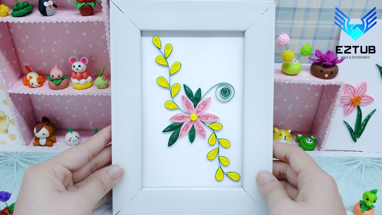 How to make quilling pink flower and yellow vines | Paper crafts for flower lovers