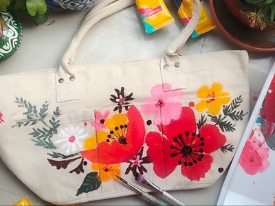 Painting on canvas Tote Bag with Acrylic- 1 | Simple Painting Ideas| Easy Stoçke Flowers