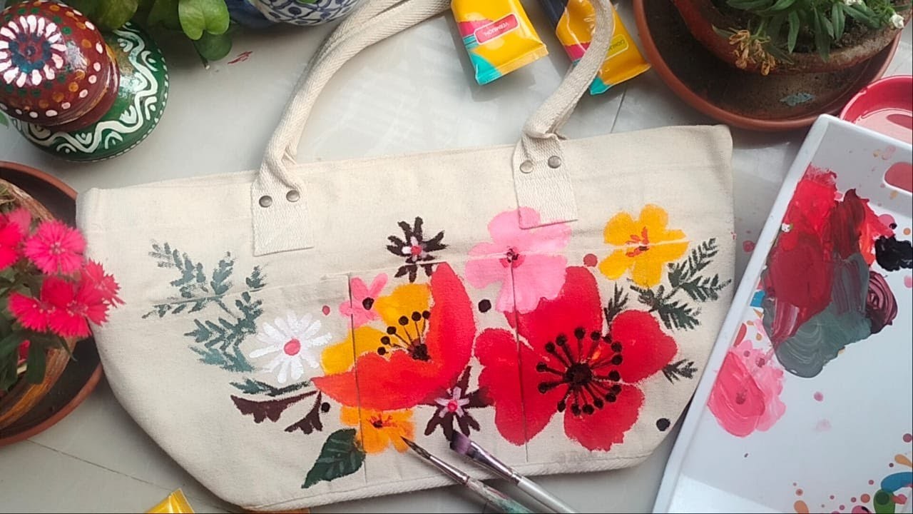 Painting on canvas Tote Bag with Acrylic- 1 | Simple Painting Ideas| Easy Stoçke Flowers