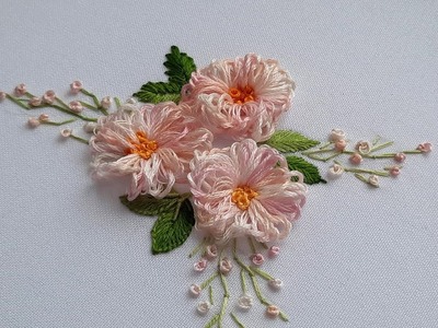 Pink daisies Flowers loops stitch Dimensional embroidery