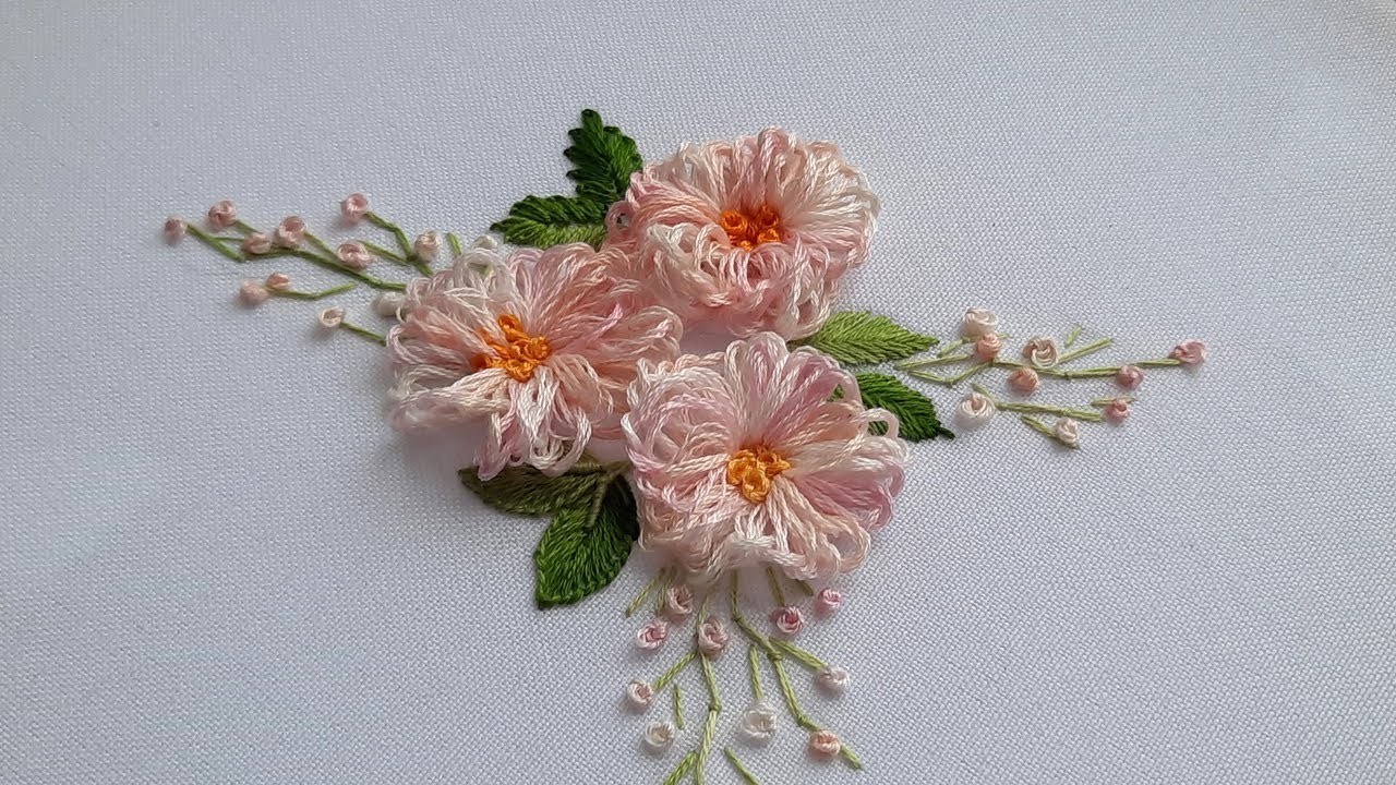 Pink daisies Flowers loops stitch Dimensional embroidery