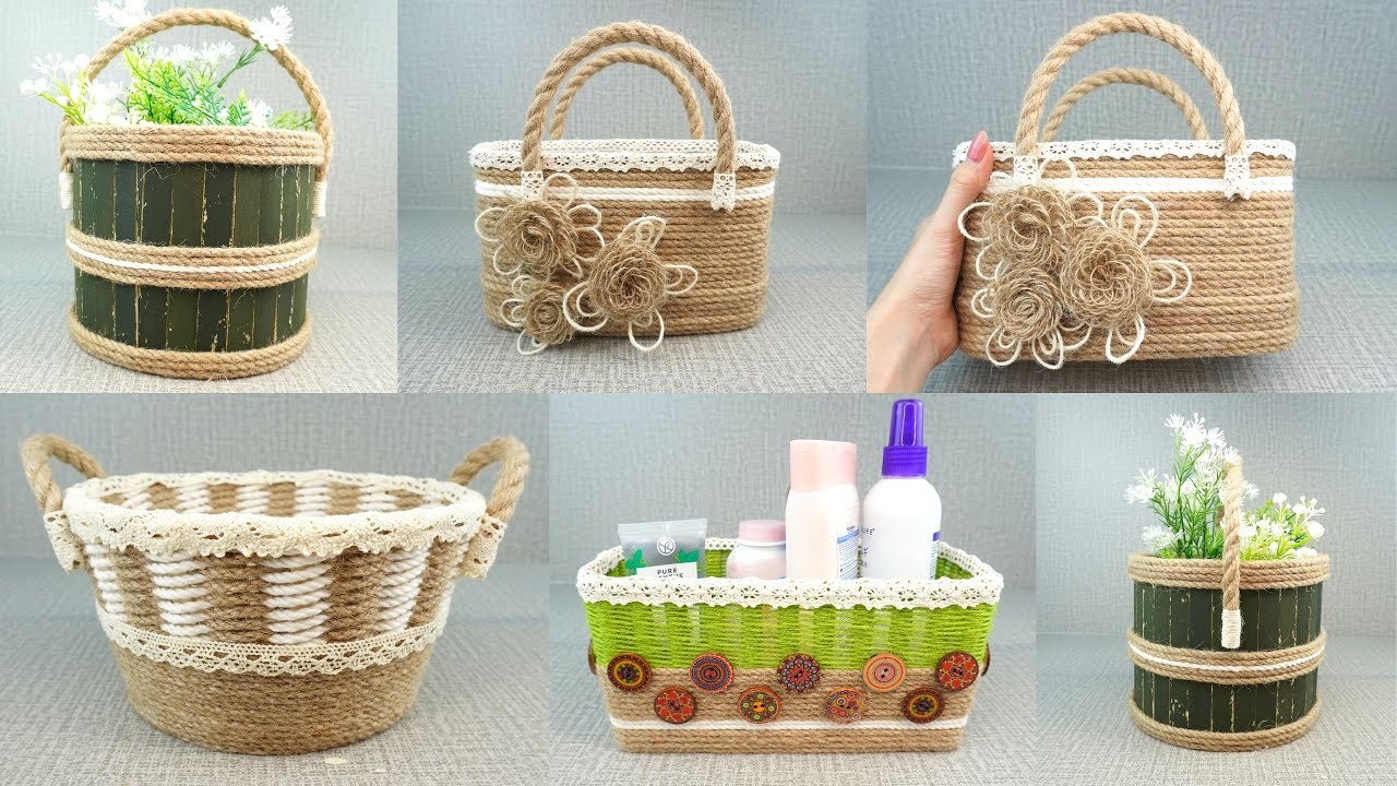 4 Ideas To Recycle Plastic Bottles Into Baskets. Diy Rope Organizer. Basket Organizer Diy