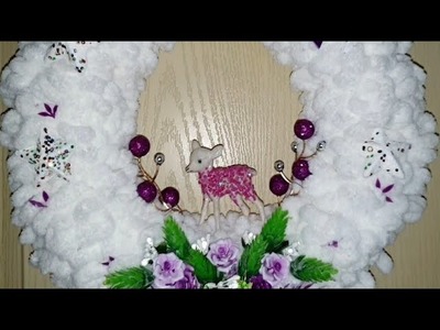 Christmas Wreath. DIY hand made door ornament for New Year, yarn craft, recycling craft