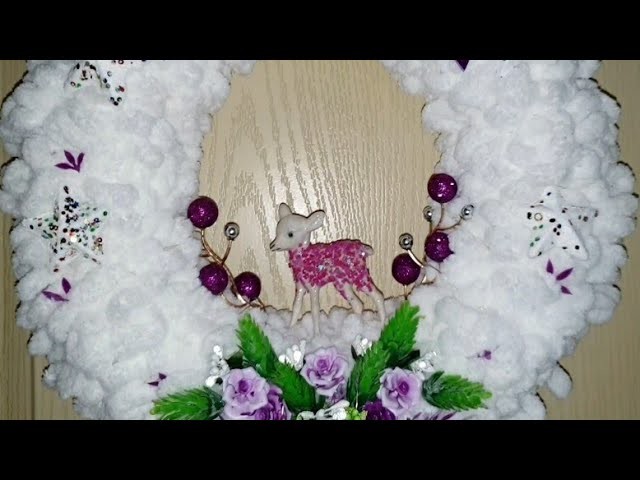 Christmas Wreath. DIY hand made door ornament for New Year, yarn craft, recycling craft