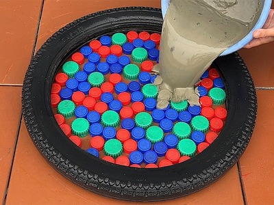Creative Use Of Bottle Caps And Tires. DIY Bottle Cap Table And Flower Pot At Home