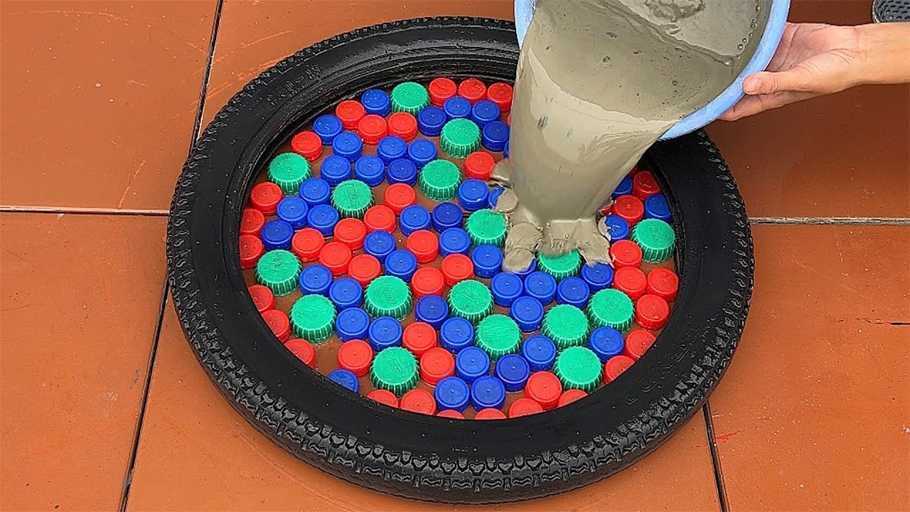 Creative Use Of Bottle Caps And Tires. DIY Bottle Cap Table And Flower Pot At Home