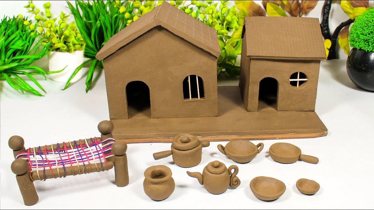 DIY How to make clay miniature house, kitchen set, Charpai,Village House | Clay House Ideas