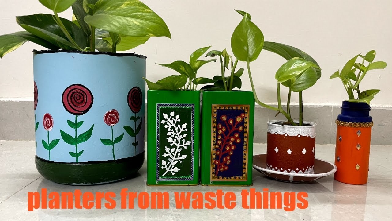Easy planters from waste things. planters from plastic bottles,tin cans,old tray,saucer.DIY