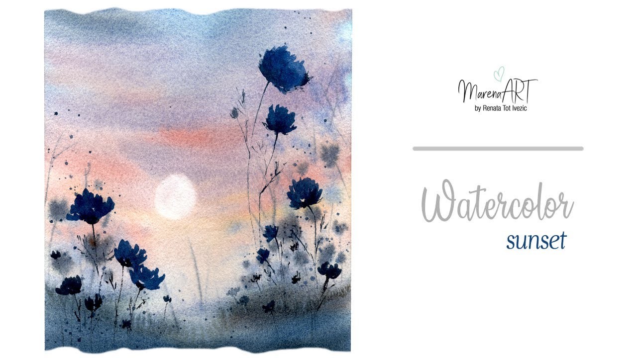 Watercolor landscape - sunset with flowers painting