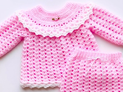 EASY Crochet Baby sweater set with matching diaper cover or bloomers THE PERFECT BABY SHOWER GIFT!