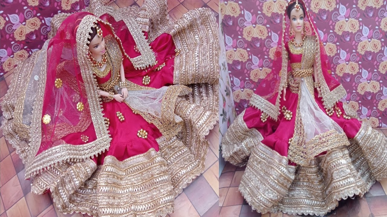 Indian Bridal Lehenga Making For Barbie doll l Making doll clothes