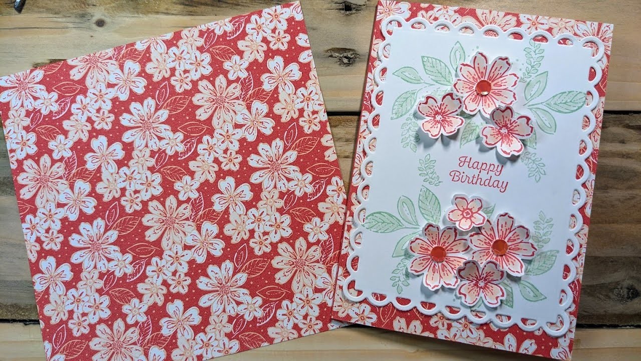 Stunning birthday card featuring Stampin Up Petal Park stamps and punch and the Regency Park papers.