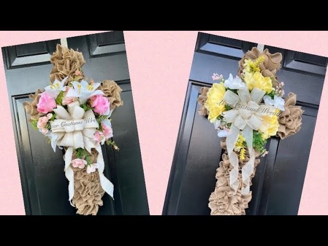 Tutorial of how to make cross metal wreath from Dollar Tree by using burlap